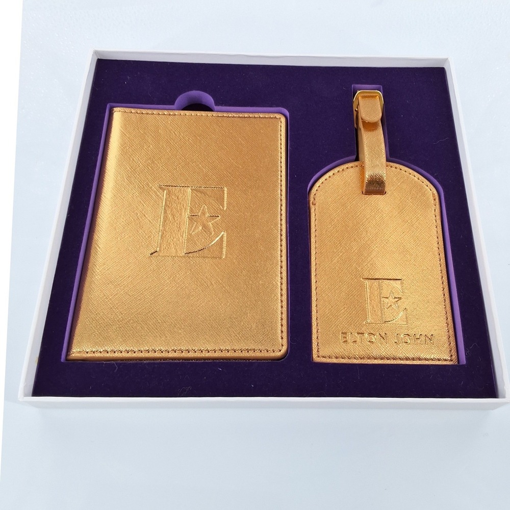 Elton John Gold Metallic Passport Holder and Luggage Tag Travel Gift Set Boxed